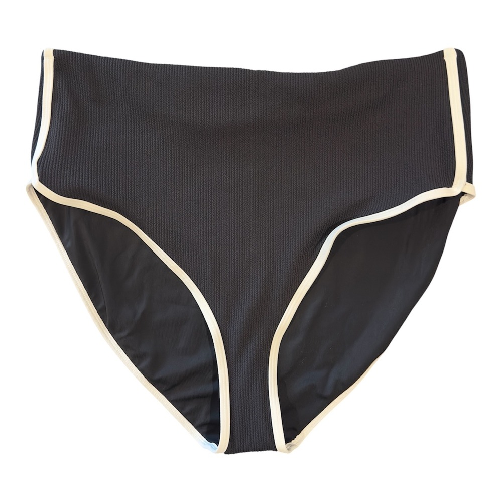 Calia Tipped High Rise Bikini Bottom Pure Black White Ribbed XXL WSA15409C NEW